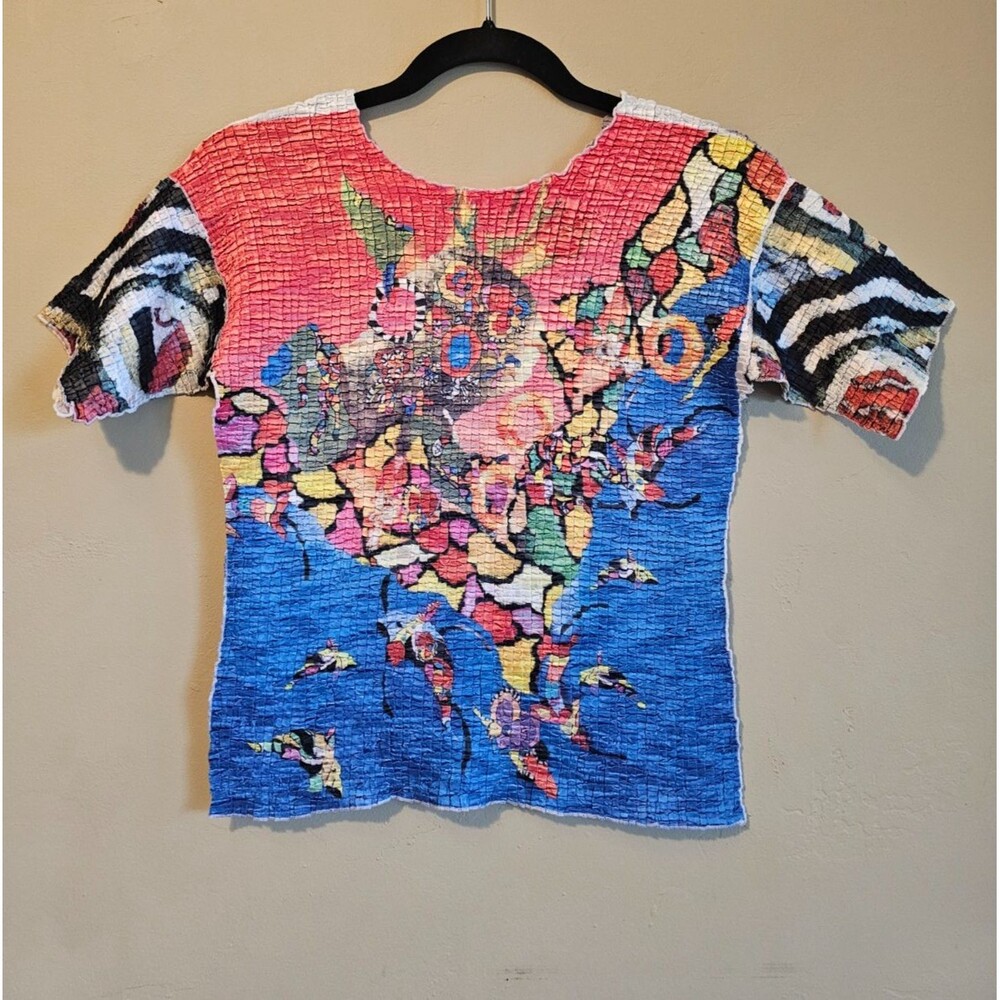 Vintage C’EST DUO Med The Wonder Tee Artsy Multi Color Crinkle Stretch  Top
